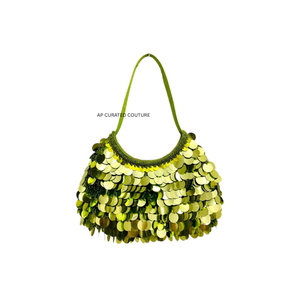 Pochette de soirée en sequins vert lime métallisé, fermeture à bouton-pression, sequins superposés, faite à la main, scintillante, personnalisée, perlée - Product Image 5