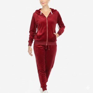 Women's Red Hooded <b>Tracksuit</b> Set Full Length Solid Color Casual Joggers with Side Pockets Zipper Fly Breathable Autumn Wear - Product Image 1