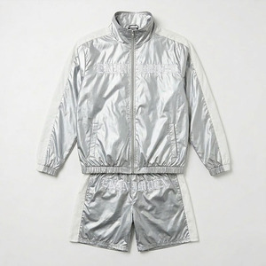 Custom OEM Silver Metallic Tracksuit Set Men Satin Shiny Windbreaker <b>Jacket</b> with Shorts <b>Gothic</b> Embroidery Logo Streetwear - Product Image 1