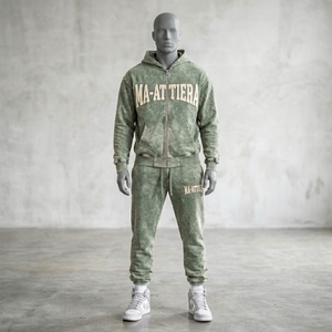Ensemble de survêtement zippé vert sauge délavé pour homme, sweat-shirt brodé et pantalon de jogging, streetwear, sportswear, activewear, tenue décontractée - Product Image 5
