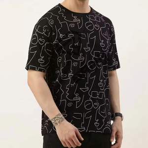T-shirt personnalisé pour homme, noir, manches courtes, col rond, avec motif abstrait blanc, coupe classique, jersey en coton tricoté décontracté - Product Image 3