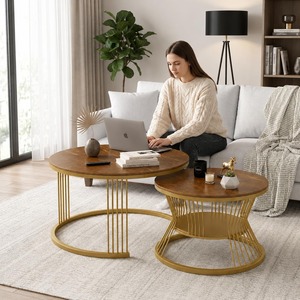 Mesa de Centro Moderna de Lujo en Madera Contrachapada con Superficie de Aspecto Mármol y Base de Listones Metálicos Dorados, Mesa de Centro Contemporánea para Sala de Estar - Product Image 5