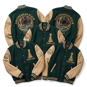 Chaqueta Varsity al por mayor, cuerpo de lana verde oliva, mangas de cuero color canela, modelo Sylvan Roots Oak Grove Terra Alba Acorn Letterman - Product Image 3
