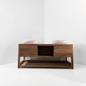 Teak Wood Bathroom Vanity Double Sink Cabinet Wall Mounted <b>Floating</b> Storage <b>Drawers</b> Unit for Modern Washroom Furniture Wholesale - Product Image 3