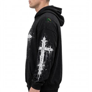Custom Black <b>White</b> Gothic Drip Cross All Over Print Pullover Hoodie <b>Men's</b> Streetwear Vintage Wash Fleece <b>Sweatshirt</b> OEM - Product Image 3