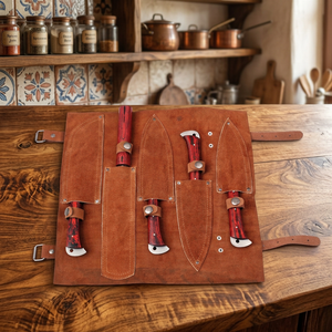 Ensemble de 5 couteaux de chef en acier Damas fait main, avec manche en bois de Pakka et étui en cuir fin, couteaux de cuisine, couteau de camping - Product Image 4