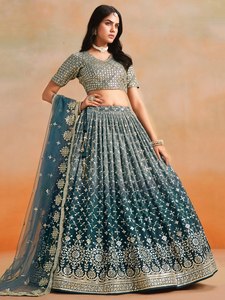 <span class=keywords><strong>Robe</strong></span> de <span class=keywords><strong>demoiselle</strong></span> <span class=keywords><strong>d</strong></span>'<span class=keywords><strong>honneur</strong></span> en organza turquoise brodé, style lehenga, avec crop top et dupatta, col en V, coupe trapèze, longueur ras du sol, séchage rapide, dos nu - Product Image 2