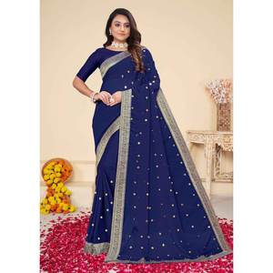 Sari en Georgette pour Soirée avec Travail de Diamants et Blouse Non Cousue Bleu Marine - Product Image 1