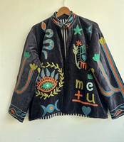 Veste en velours brodée Suzani multi-symboles pour femme, style bohème, doublure en coton réversible, faite à la main, ethnique, vente en gros