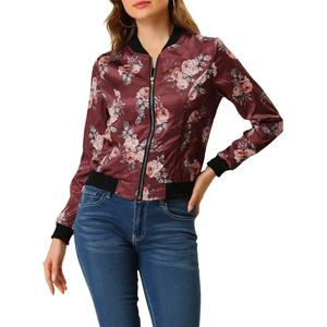 Chaqueta de bombardero recortada de satén personalizada para mujer con cuello levantado, decoración bordada con cremallera, diseño sublimado impreso - Product Image 1