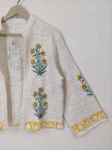 Veste florale imprimée à la main, veste en coton à fleurs jaunes, manteau bohème été-hiver - Product Image 4