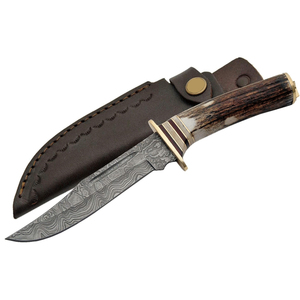 Couteau de chasse artisanal 2026 en acier Damas, lame fixe, manche en cuir, bord droit, modèle court, vente en gros - Product Image 2