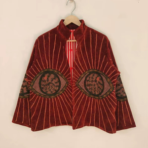 <b>Red</b> <b>Velvet</b> Eye Embroidery Suzani <b>Jacket</b> Handmade Embroidered Boho Coat Tribal Eye Pattern Statement <b>Velvet</b> Outerwear Wholesale - Product Image 1