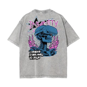 เสื้อยืดโอเวอร์ไซส์สีเทาพิมพ์ลายการ์ตูน แขนสั้น คอกลม สไตล์สตรีทแวร์ ผ้าเดนิมคอตตอน  ลายโลโก้ด้านหลัง - Product Image 5