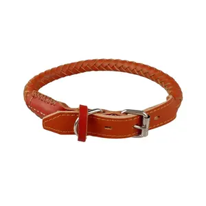 普通狗项圈强力圆形编织棕色皮革宠物项圈，用于训练遛狗宠物供应商和配件