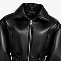 Blouson bomber court en similicuir noir personnalisé avec manches bouffantes, taille élastique et fermeture éclair pour femme, vêtements d'hiver