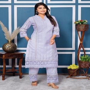 Elegante Conjunto de Kurta Tradicional de Algodón Lavanda para Mujer con Bordado Schiffli y Dupatta Suave para Bodas y Diwali, Ropa Étnica - Product Image 1