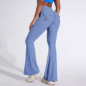 Custom Wholesale Shiny High Waist Spandex/Polyester Solid Women V Back Butt Lift Tummy Control Seamless <b>Flare</b> <b>Leggings</b> - Product Image 4