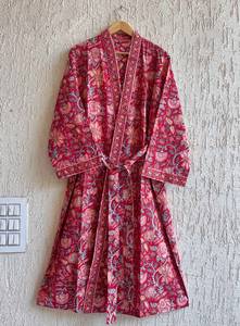 Bata de Casa de Algodón Puro Estampada a Mano, Kimono de Verano, Vestido Floral de Playa, Bata de Baño Hermosa para Festival Oriental, Kimono con Estampado de Bloques - Product Image 5