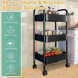 Carrito de Almacenamiento Metálico de Tres Niveles con Ruedas para Organización de Cocina, Estante Vertical Moderno, Negro - Product Image 3