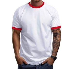 Camiseta Blanca Sólida para Hombre con Cuello y Ribete de Manga en Contraste Rojo, Cuello Redondo, Manga Corta, Transpirable, Informal, para Verano - Product Image 2