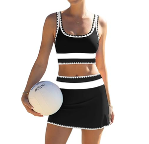 Women's Black White Floral Contrast Binding Tankini Set Scoop Neck <b>Crop</b> <b>Top</b> Skirt Two Piece Stretch High Waist Breathable - Product Image 1