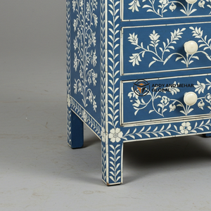 Mesa de Noche de Lujo con Incrustaciones de Hueso Azul, Ecológica, Moderna, Hecha a Mano, con Diseño Floral y 2 Cajones para Dormitorio - Product Image 4