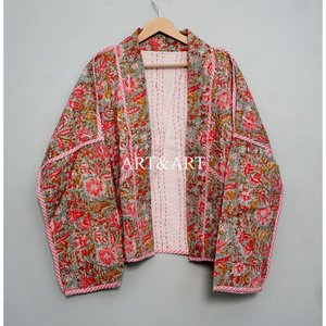 Veste indienne de luxe faite à la main Kantha pour femme, col en V, manches longues, fermeture à cordon, motif floral, 100% coton, veste de printemps - Product Image 5