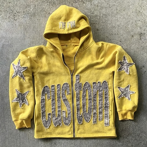 Winter Men's <b>Hoodies</b> Custom Logo <b>500</b> <b>Gsm</b> Heavyweight Thick Cropped Zipper Vintage Acid Wash Distressed Embroidered Patch Hoodie - Product Image 4