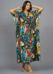 Caftán de algodón azul marino hecho a mano, inspirado en Kahlo, kimono ligero para la playa, ropa de resort. - Product Image 4