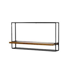 Estante de pared industrial de doble nivel con superficie de madera y estructura de hierro con ganchos para almacenamiento en el baño - Product Image 3