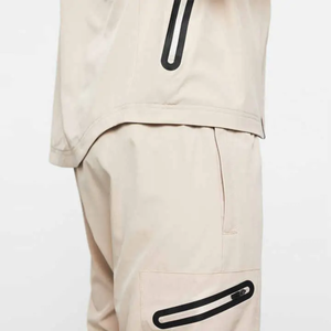 Ensemble de survêtement décontracté pour homme, beige, à capuche, manches longues, couleur unie, fermeture éclair, respirant, en polyester et coton, pour l'automne - Product Image 3