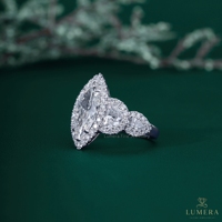 Anillo de Compromiso con Halo de Diamantes Cultivados en Laboratorio con Corte Marquesa para Mujer, Oro Blanco de 18K, Tres Piedras, Media Luna, Diamantes Laterales, Anillo de Lujo con Certificado IGI