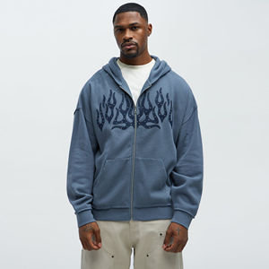 Sudadera con capucha para hombre, estilo streetwear, con cremallera, oversize, vintage, con lavado ácido y pedrería, suministro al por mayor - Product Image 1