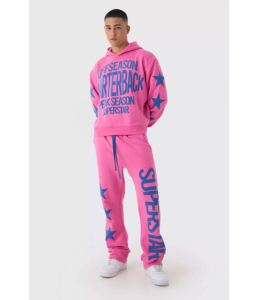 <b>Pink</b> Men's Hooded <b>Tracksuit</b> Full Sleeve Letter Print Stars Pattern Loose Fit Streetwear Sweatshirt Pants Set Spring Casual Wear - Product Image 1