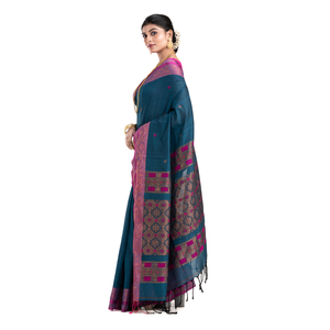 Sari de Seda y Algodón con Patrón Geométrico Crema y Borde Gris, Tejido Habotai, para Mujer, Peso Medio, 58/60 Pulgadas - Product Image 5