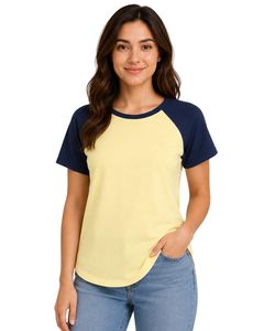 Camiseta raglán de color amarillo limón claro y azul marino para mujer, camiseta informal de cuello redondo y manga corta, mezcla de algodón suave, Top de moda de verano - Product Image 1