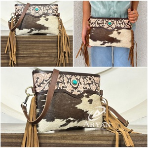New Premium Hand <b>Tooled</b> Cowhide <b>Leather</b> Women Designer Shoulder Purses High Quality Turquoise Stone Crossbody Sling Fringe Bag - Product Image 1