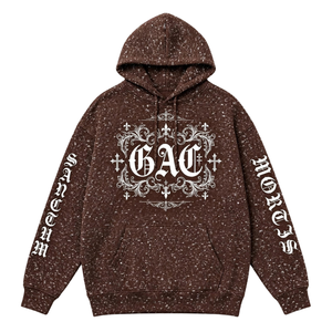 Mens Brown Speckled Graphic French Terry Windproof Pullover <b>Hoodie</b> Long Sleeves Kangaroo Pocket <b>Gothic</b> Print Streetwear - Product Image 1
