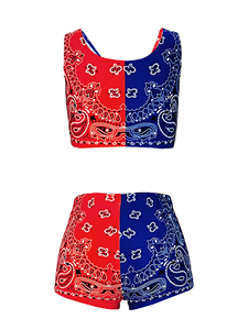 Conjunto Deportivo de Punto para Mujer, Top Corto con Estampado Paisley Rojo y Azul, Pantalones Cortos por Encima de la Rodilla, Ropa Deportiva Transpirable para Yoga - Product Image 4