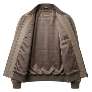 Blouson aviateur en cuir de vachette véritable kaki taupe pour homme, avec logo personnalisé en relief, bordure côtelée, fermeture éclair, fournisseur d'usine - Product Image 5
