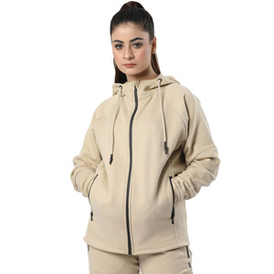 Conjunto Deportivo con Capucha para Mujer, Color Beige, Manga Larga, Cierre de Cremallera, con Bolsillos Laterales, para Otoño - Product Image 1