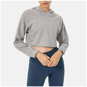 Sweat-shirt court à capuche gris pour femme, manches longues, couleur unie, tricoté, respirant, style décontracté d'hiver - Product Image 4