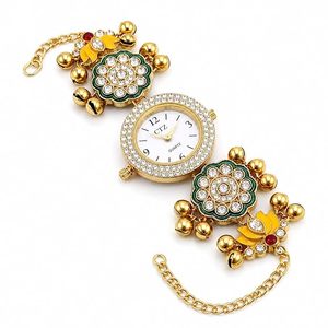 Reloj de pulsera floral chapado en oro para mujer con cristales de imitación y perlas de loto, joyería étnica para boda, regalo para niñas - Product Image 2