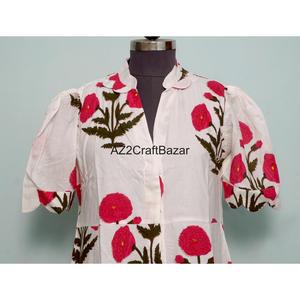 Robe midi en tissu tricoté 100% coton pour femmes, imprimé floral, coupe évasée, col en V, manches courtes, décoration boutonnée, respirante, lavable - Product Image 1