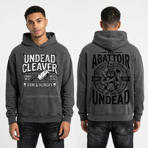 Sweat à capuche gris foncé délavé pour homme avec motif 'Undead Cleaver', style streetwear, personnalisé, épais, pull à capuche, fabricant - Product Image 1