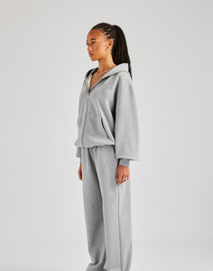 Women Gray Full <b>Zip</b> <b>Hooded</b> Tracksuit Set Solid Color Casual Loose Fit Side Pockets Autumn Wear 100% Cotton Midweight - Product Image 3