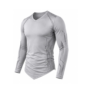 T-shirt de compression pour homme, vêtements de sport personnalisés, vêtements de sport pour la salle de sport, entraînement, séchage rapide, respirant, extensible, fitness, automne, imprimé, OEM - Product Image 3