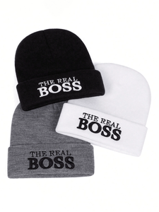 The Real Boss Bonnet brodé unisexe, style décontracté, noir, blanc, gris, 56-58CM, en acrylique tricoté - Product Image 1