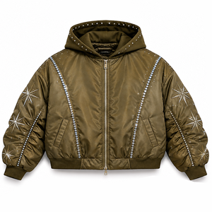 Custom Women's Hooded Olive Puffer Bomber <b>Jacket</b> Rhinestone <b>Star</b> Flame Diamante Bling Oversized Winter Coat Wholesale Suppliers - Product Image 5